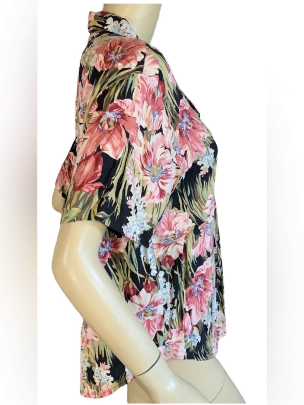 VINTAGE 1980'S PINK, BLACK & GREEN FLORAL PRINT TEDDI BLOUSE (MP) - Picture 6 of 13